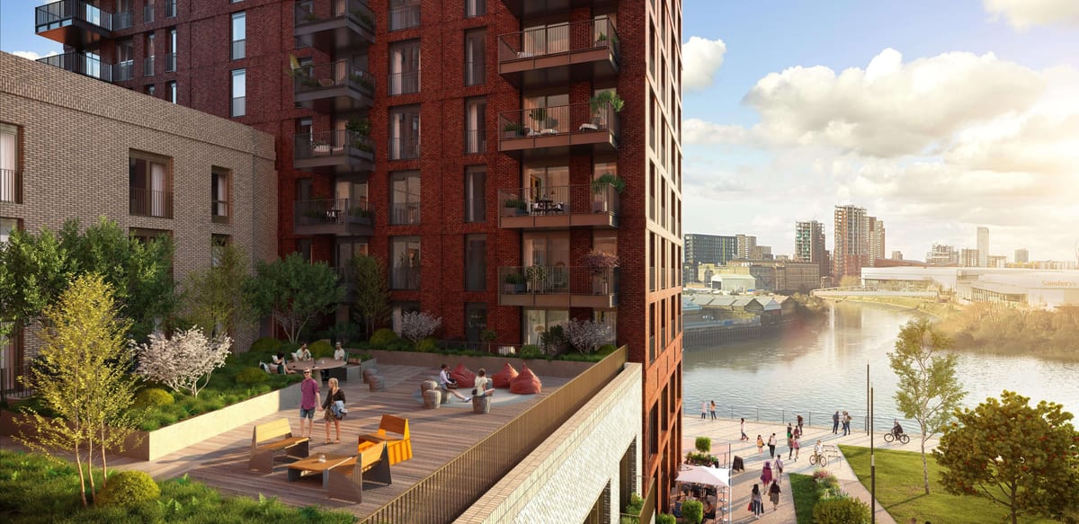 Computer-generated image of the planted podium terrace at The Heron Collection, with the riverside walk and the River Lea below