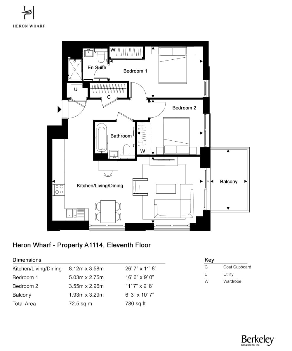 Floor plan of apartment A1.11.04: two bedrooms, en suite and bathroom, open-plan kitchen, living and dining room and a balcony