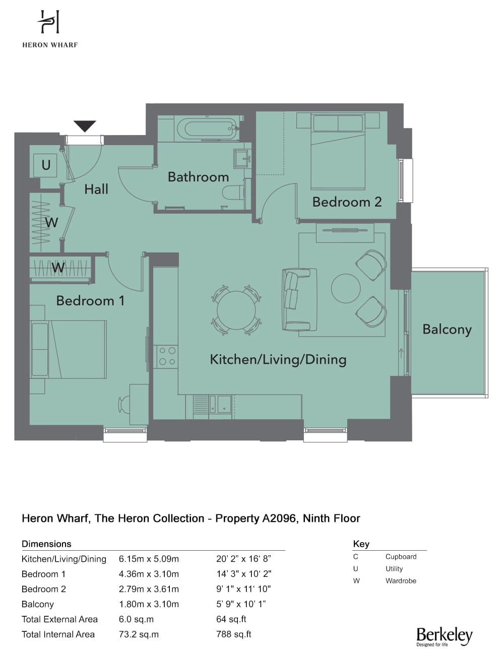Floor plan of apartment A2.09.06: two bedrooms, a bathroom, a large open-plan kitchen, living and dining room and a balcony