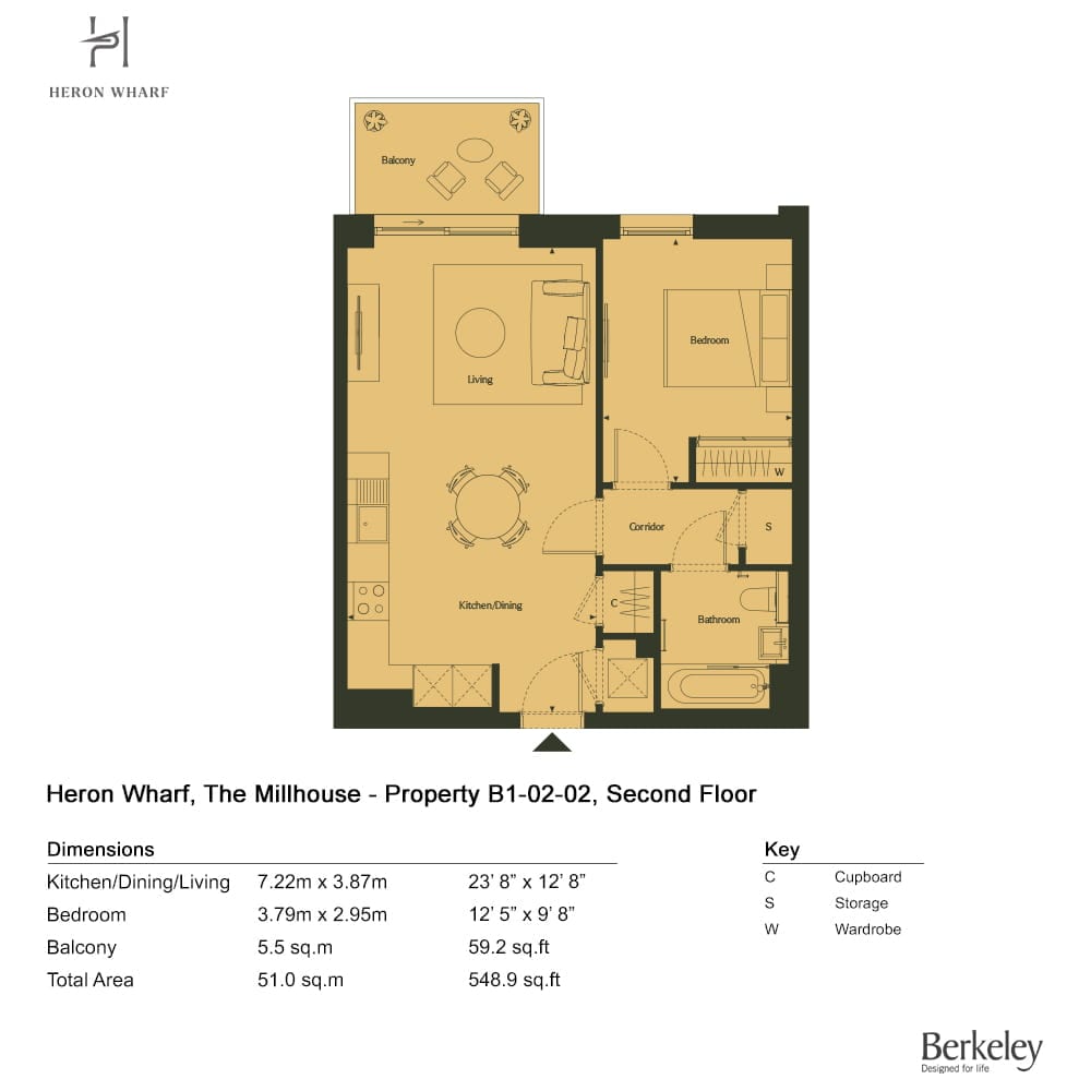 Floor plan of apartment B1-02-02: one bedroom, bathroom, open-plan kitchen, living and dining room and a balcony