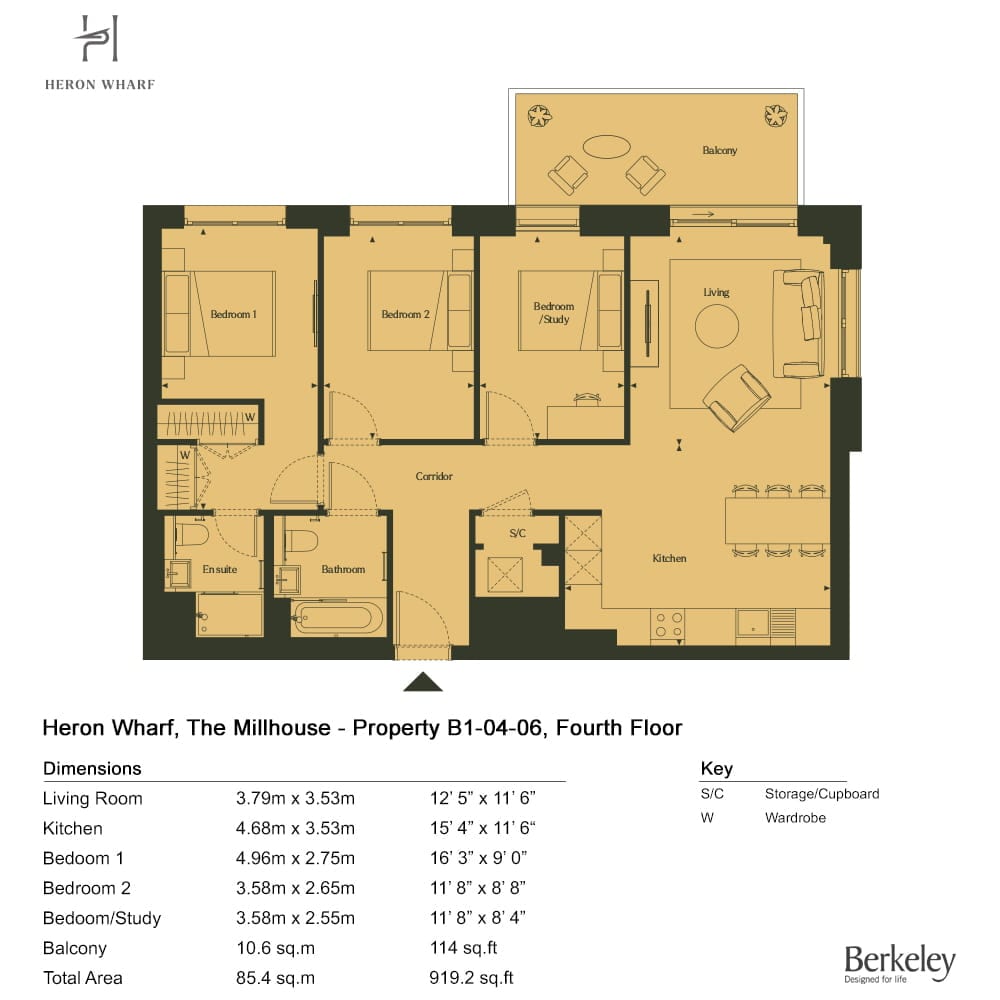 Floor plan of apartment B1-04-06: two bedrooms and a study, en suite and bathroom, separate living room and kitchen, and a balcony
