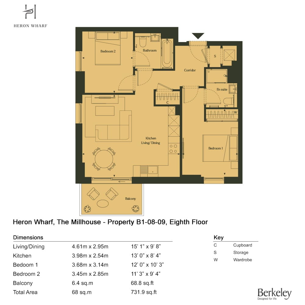 Floor plan of apartment B1-08-09: two bedrooms, en suite and bathroom, living and dining room, kitchen and a corner balcony