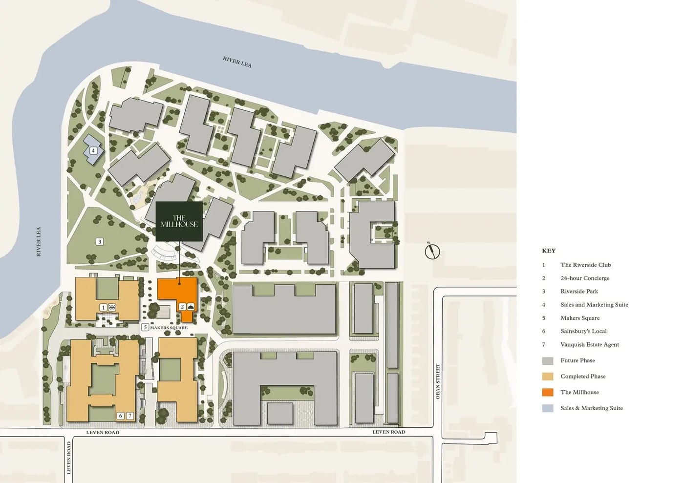Illustrated site plan of Heron Wharf: The Heron Collection and The Riverside Club beside the river to the west, The Millhouse by Makers Square, and Riverside Park along the River Lea